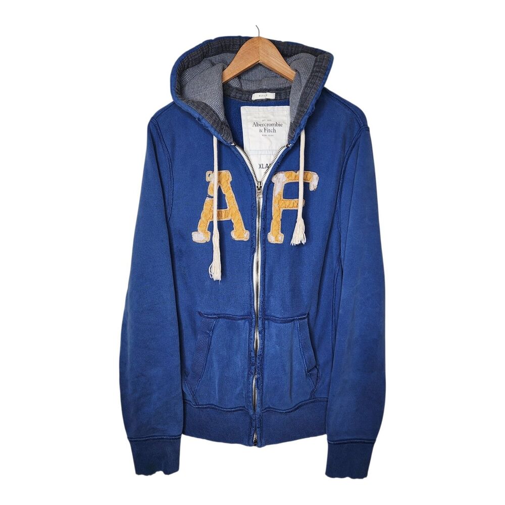 Vintage Y2K Abercrombie Fitch Hoodie Sweatshirt Jacket Distressed Logo XL Blue
